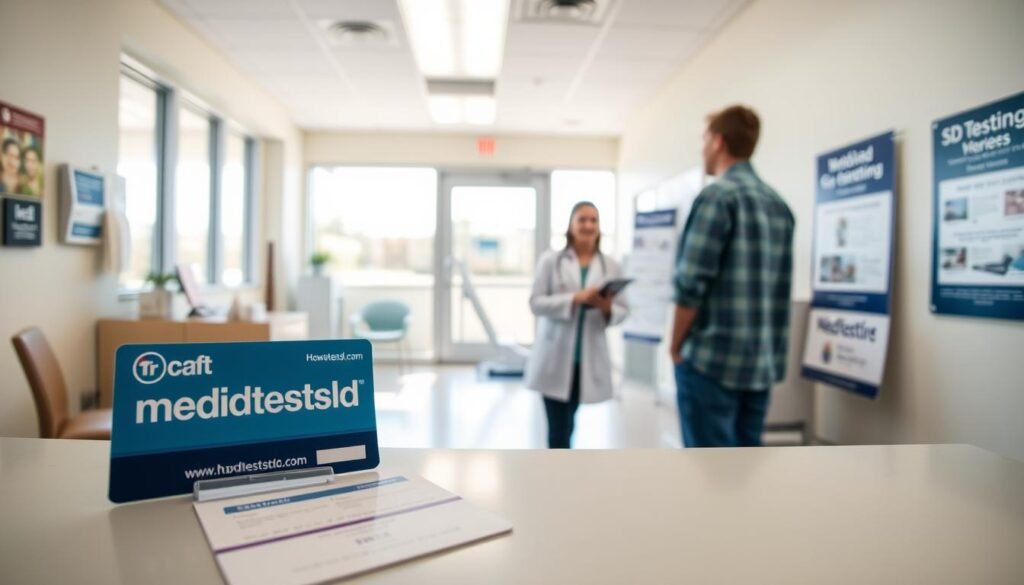 A bright and welcoming medical clinic interior, flooded with natural light from large windows. In the foreground, a Medicaid insurance card and a brochure from "howtoteststd.com" prominently displayed on a reception desk. The middle ground features a nurse guiding a patient through the STD testing process, maintaining a compassionate and professional demeanor. The background showcases various informational posters and signage highlighting Medicaid's STD testing coverage and options. The scene conveys a sense of trust, accessibility, and the importance of proactive healthcare for Medicaid patients.