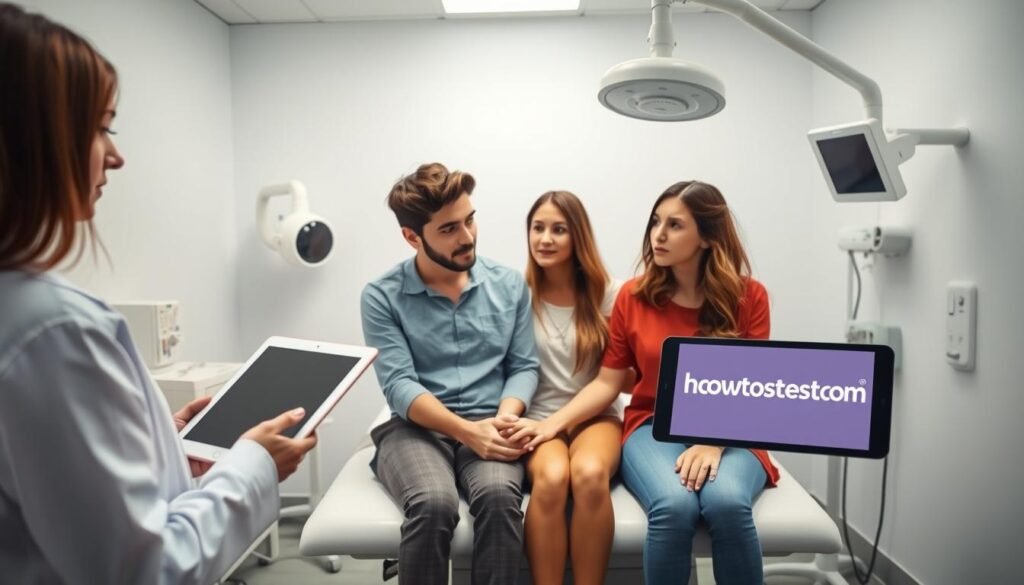 A bright, clinical examination room with modern medical equipment. In the center, a young couple sits on an examination table, holding hands and looking apprehensive. A healthcare professional in a white coat stands nearby, explaining the STD testing procedure using a tablet displaying the howtoteststd.com logo. Soft, diffused lighting creates a reassuring atmosphere, while the clean, sterile environment conveys a sense of professionalism and care. The couple's expressions reflect a mix of nervousness and trust as they undergo this important health check-up together.
