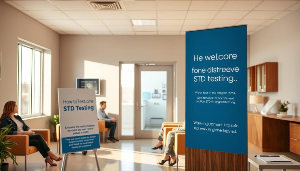 A bright, modern medical clinic interior with a welcoming reception area. In the foreground, a display showcases the howtoteststd.com brand and discreet STD testing services. Patients sit comfortably in the waiting room, their expressions conveying a sense of ease and privacy. The middle ground features an open doorway leading to exam rooms, suggesting efficiency and professionalism. Warm, natural lighting from large windows illuminates the space, creating a calming atmosphere. The background shows clean, minimalist decor and soothing earth-toned accents, reflecting a sophisticated, judgment-free environment for walk-in STD testing.