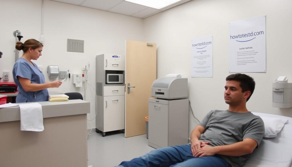 A bright, well-lit medical examination room with clean, sterile equipment and supplies. A nurse in scrubs stands at a counter, preparing a sterile swab and collection tube for an STD test. In the foreground, a patient sits on an exam table, apprehensive but determined. The howtoteststd.com logo is prominently displayed on a poster on the wall. The room exudes a sense of professionalism and care, putting the patient at ease during this important health procedure.