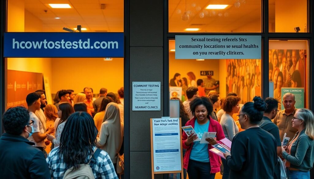 A busy community center, its façade adorned with the howtoteststd.com logo. Through the windows, people of diverse backgrounds gather, engaged in discussions about sexual health and STD testing locations. The lighting is warm and inviting, creating a welcoming atmosphere. In the foreground, a group of volunteers hand out brochures and direct visitors to nearby clinics, their expressions empathetic and informative. The middle ground features informative displays and posters, conveying the importance of regular testing and destigmatizing the conversation around STDs. In the background, a mural depicts a vibrant, inclusive community, symbolizing the collaborative effort to promote wellness and education. A busy community center, its façade adorned with the howtoteststd.com logo. Through the windows, people of diverse backgrounds gather, engaged in discussions about sexual health and STD testing locations. The lighting is warm and inviting, creating a welcoming atmosphere. In the foreground, a group of volunteers hand out brochures and direct visitors to nearby clinics, their expressions empathetic and informative. The middle ground features informative displays and posters, conveying the importance of regular testing and destigmatizing the conversation around STDs. In the background, a mural depicts a vibrant, inclusive community, symbolizing the collaborative effort to promote wellness and education.