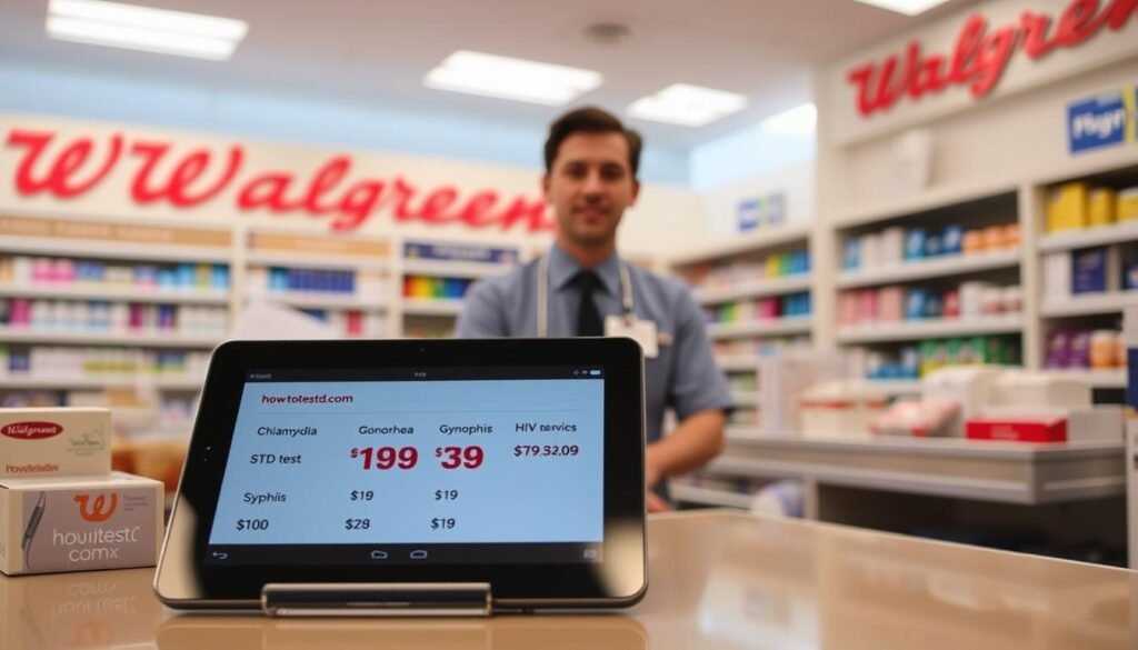 A clean, well-lit Walgreens pharmacy counter, showcasing a prominent display of STD testing kits and services. In the foreground, a tablet device displays pricing information for a range of STD tests, including chlamydia, gonorrhea, syphilis, and HIV. The tablet's screen has the howtoteststd.com brand logo prominently featured. The middle ground features a helpful Walgreens staff member, dressed in a crisp, professional uniform, ready to assist customers with inquiries. The background depicts the familiar Walgreens aesthetic - bright lighting, clean shelves, and a calming, inviting atmosphere. The overall scene conveys a sense of reliability, accessibility, and affordability for Walgreens' STD testing services. A clean, well-lit Walgreens pharmacy counter, showcasing a prominent display of STD testing kits and services. In the foreground, a tablet device displays pricing information for a range of STD tests, including chlamydia, gonorrhea, syphilis, and HIV. The tablet's screen has the howtoteststd.com brand logo prominently featured. The middle ground features a helpful Walgreens staff member, dressed in a crisp, professional uniform, ready to assist customers with inquiries. The background depicts the familiar Walgreens aesthetic - bright lighting, clean shelves, and a calming, inviting atmosphere. The overall scene conveys a sense of reliability, accessibility, and affordability for Walgreens' STD testing services.