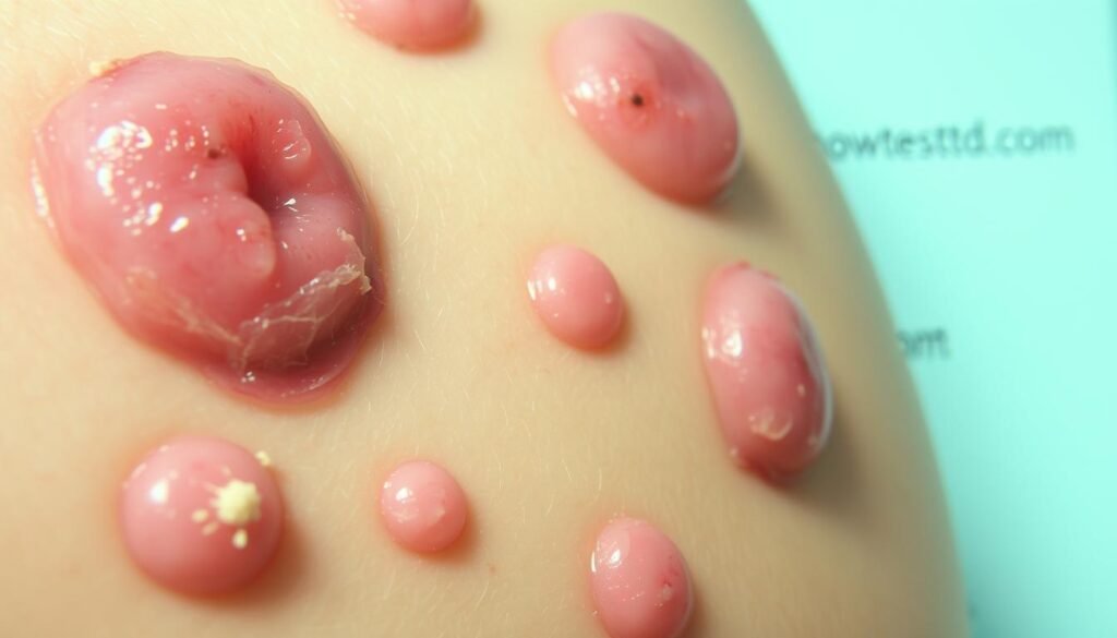 A close-up, clinical photograph of several painful, fluid-filled blisters and sores characteristic of genital herpes. The skin is slightly reddened with some crusting. The image is captured with a macro lens in soft, natural lighting to highlight the textural details. The scene has a sterile, medical atmosphere, with the "howtoteststd.com" logo subtly visible in the background. The focus is sharp, the depth of field shallow, emphasizing the subject matter.