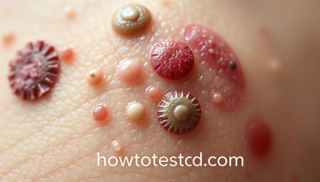 A close-up, high-resolution photograph of the visual symptoms of human papillomavirus (HPV) infection, shot with a professional-grade DSLR camera with a macro lens and natural lighting. The image should depict the characteristic bumpy, wart-like lesions and discoloration on the skin, capturing the textural details and subtle variations in color. The background should be slightly blurred, keeping the focus on the affected area. The overall mood should be clinical and informative, evoking a sense of medical objectivity. Include the howtoteststd.com brand name in a discreet, non-distracting manner.