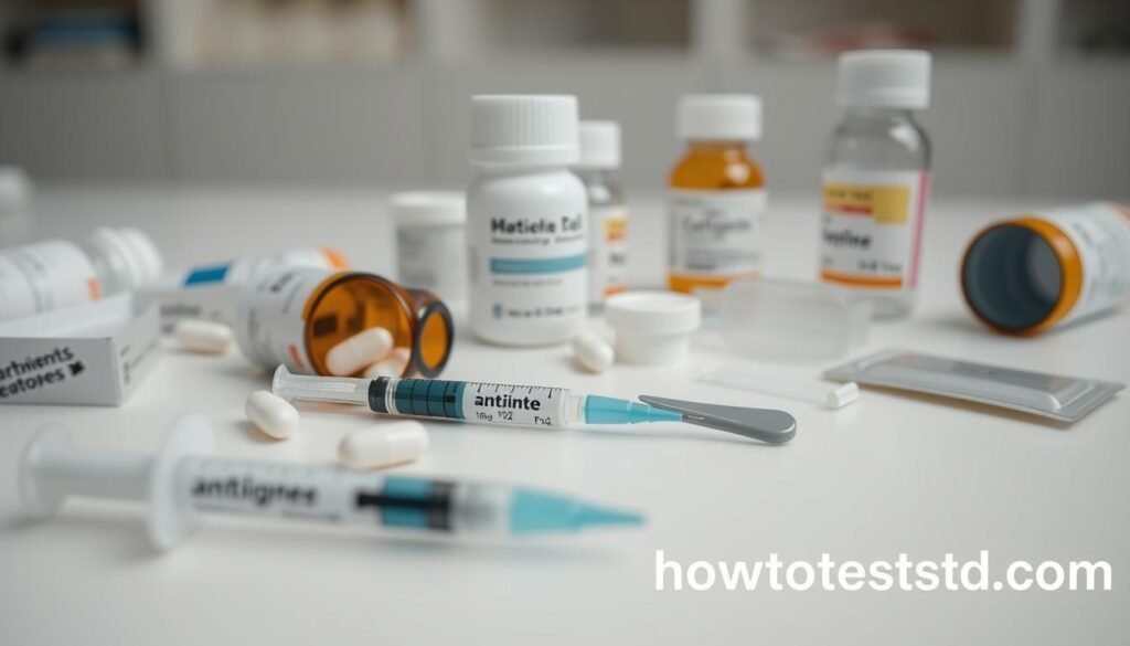 A close-up, hyper-realistic image of various STD treatment options, including pill bottles, syringes, antibiotics, and condoms, arranged neatly on a clean, white table. The lighting is soft and diffused, creating a clinical and informative atmosphere. The background is blurred, keeping the focus on the medical items. The website "howtoteststd.com" is prominently displayed in the lower right corner, conveying a sense of authority and guidance on the subject.