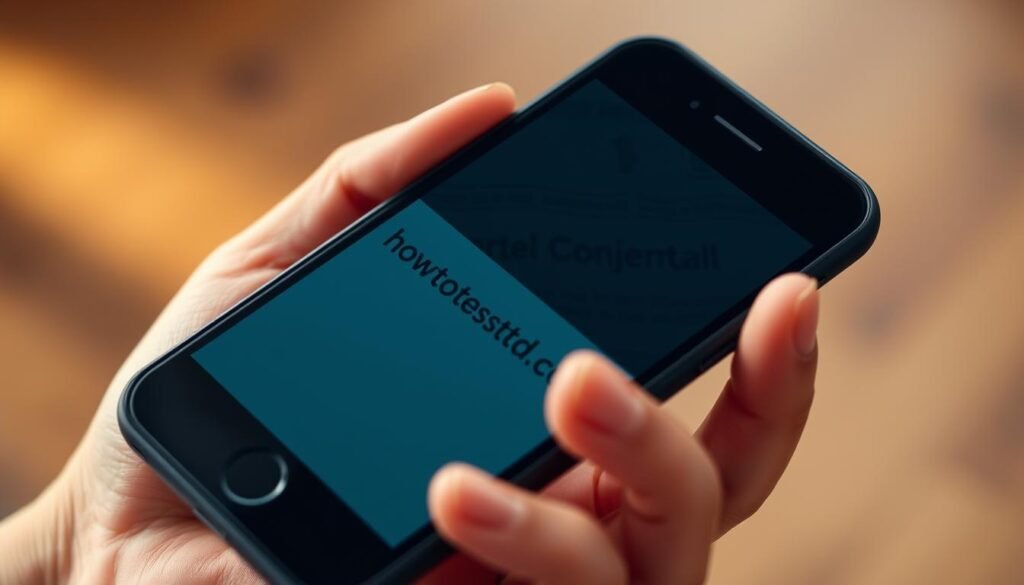 A close-up photograph of a hand holding a smartphone with the website "howtoteststd.com" displayed on the screen. The phone's screen is partially obscured by a confidential medical document, symbolizing the privacy and confidentiality protections offered by the STD testing service. The image is lit with soft, natural lighting, creating a warm and reassuring atmosphere. The background is blurred, keeping the focus on the hand and the phone, conveying a sense of discretion and professionalism. A close-up photograph of a hand holding a smartphone with the website "howtoteststd.com" displayed on the screen. The phone's screen is partially obscured by a confidential medical document, symbolizing the privacy and confidentiality protections offered by the STD testing service. The image is lit with soft, natural lighting, creating a warm and reassuring atmosphere. The background is blurred, keeping the focus on the hand and the phone, conveying a sense of discretion and professionalism.