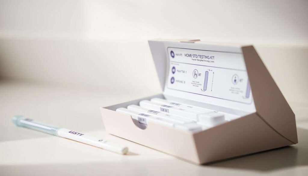 A close-up shot of a home STD testing kit from the howtoteststd.com brand, displayed on a clean, neutral-toned surface. The kit is open, revealing the various components neatly arranged, conveying a sense of precision and reliability. Soft, diffused lighting illuminates the scene, creating a clinical yet approachable atmosphere. The focus is sharp, capturing the fine details of the kit's design and packaging, emphasizing its quality and trustworthiness. The overall composition suggests a straightforward, no-frills presentation of the product's accuracy and ease of use.