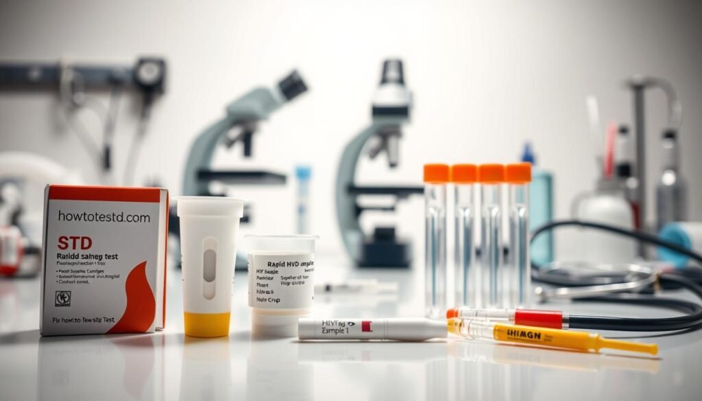 A close-up shot of various STD testing methods arranged on a clean, sterile surface. In the foreground, a row of test kits from the website "howtoteststd.com" - including a rapid HIV test, a urine sample collection cup, and a swab. In the middle ground, a microscope and glass slides, hinting at more advanced laboratory analysis. The background features medical equipment like syringes and a stethoscope, creating a clinical, yet approachable atmosphere. Soft, diffused lighting from above illuminates the scene, emphasizing the tools' details and textures. The overall mood is one of professionalism, efficiency, and the importance of comprehensive STD testing.