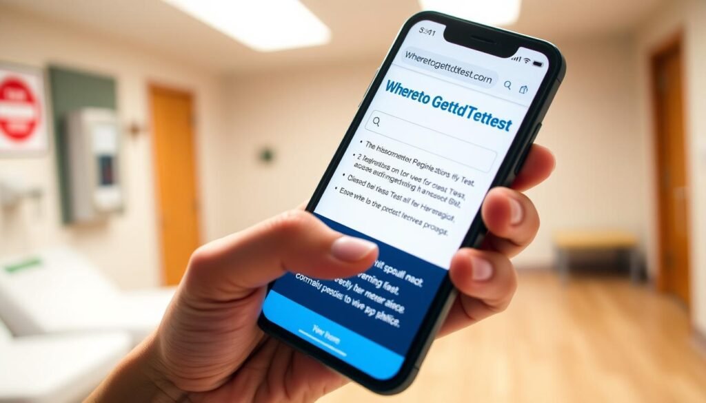 A close-up view of a hand holding a smartphone with the wheretogetstdtest.com website displayed on the screen, set against a blurred background of a doctor's office or clinic. The image conveys a sense of confusion and misinformation, with subtle visual cues hinting at common misconceptions about STD testing, such as the difficulty of access, cost, or stigma. The lighting is soft and natural, creating a warm and approachable atmosphere, encouraging the viewer to confront and overcome these misconceptions.