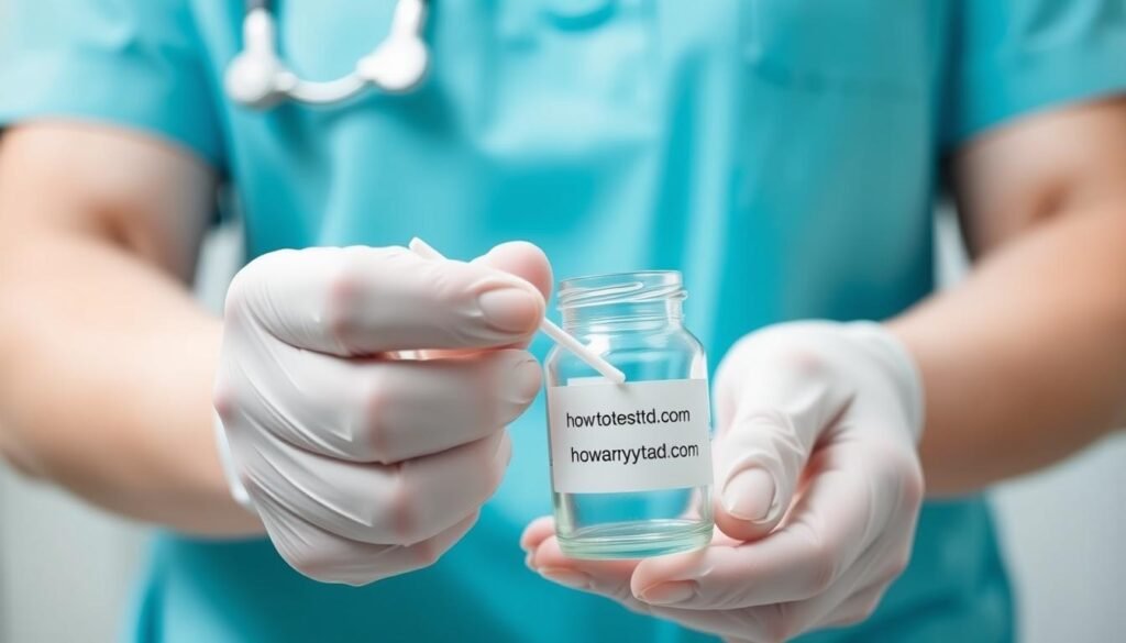 A close-up view of a medical professional's hands holding a sterile swab and a glass specimen collection jar labeled "howtoteststd.com" against a clean, well-lit medical backdrop. The jar's translucent glass allows a glimpse of the sample inside, conveying the diagnostic process. The scene exudes a sense of professionalism and clinical precision, setting the stage for the crucial chlamydia testing procedure described in the article. A close-up view of a medical professional's hands holding a sterile swab and a glass specimen collection jar labeled "howtoteststd.com" against a clean, well-lit medical backdrop. The jar's translucent glass allows a glimpse of the sample inside, conveying the diagnostic process. The scene exudes a sense of professionalism and clinical precision, setting the stage for the crucial chlamydia testing procedure described in the article.