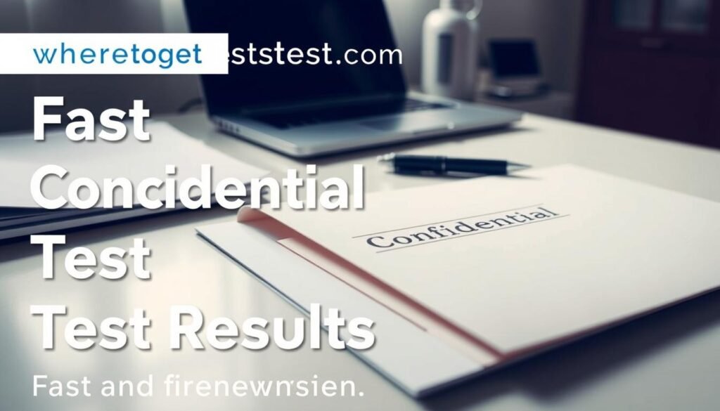 A confidential file folder sitting on a clean, organized desk, with a pen, a laptop, and a subtle "wheretogetstdtest.com" logo in the background. The folder has a "Confidential" stamp prominently displayed, conveying a sense of importance and privacy. The lighting is soft and natural, creating a professional and trustworthy atmosphere. The camera angle is slightly elevated, giving the viewer a sense of authority and credibility. The overall mood is one of efficiency, reliability, and discretion, perfectly suited for the "Fast and Confidential Test Results" section of the article.