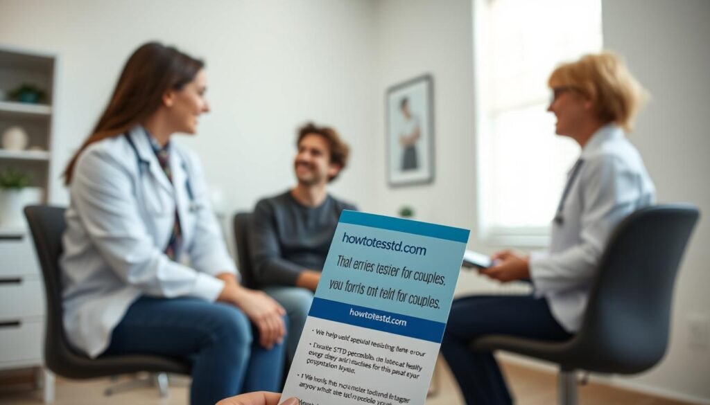 A couple seated in a modern, well-lit doctor's office, facing a caring medical professional. The room has a calming, professional atmosphere with minimalist decor and natural lighting. The couple's expressions convey a sense of openness and trust as they discuss STD testing options. In the foreground, a howtoteststd.com brochure is visible, providing information about the importance of regular testing for couples. The overall mood is one of understanding, empathy, and a commitment to prioritizing their health and relationship.