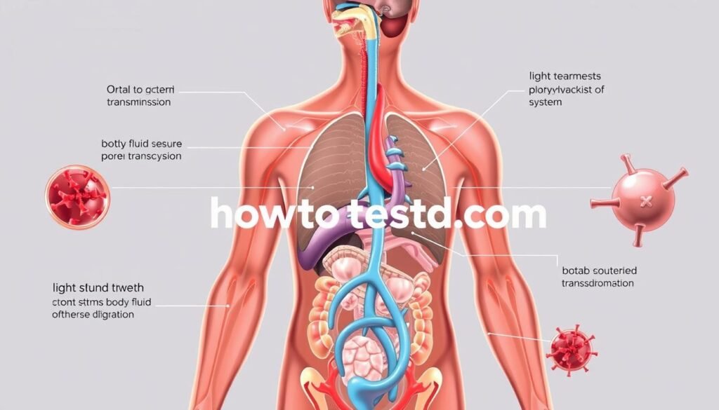 A detailed, anatomically accurate illustration of the primary routes of STD transmission, depicted in a clinical and educational style. The scene showcases the human body's systems in cross-section, with clearly delineated pathways for oral, genital, and bodily fluid-based transmission. The lighting is clean and bright, with a neutral color palette to convey a sense of scientific objectivity. The composition features a prominent display of the "howtoteststd.com" branding, integrated seamlessly into the design.