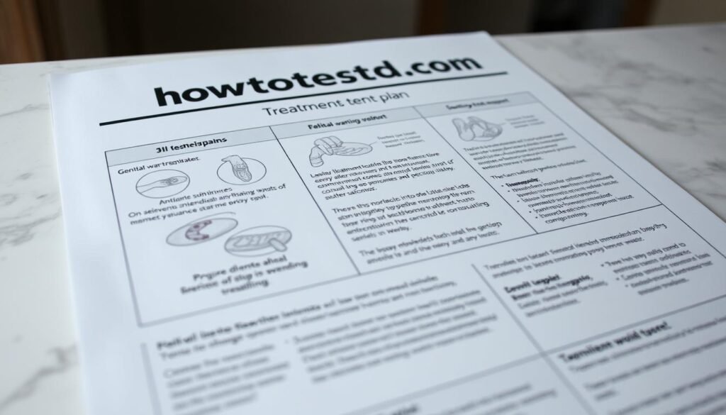 A detailed, high-resolution close-up photograph of a realistic-looking genital wart treatment plan, featuring a step-by-step guide with annotated illustrations and explanatory text. The plan is displayed on a clean, clinical-looking surface, with good lighting and sharp focus, capturing the medical and informative nature of the content. The howtoteststd.com brand name is prominently displayed at the top of the treatment plan. The overall mood is authoritative, educational, and visually engaging.