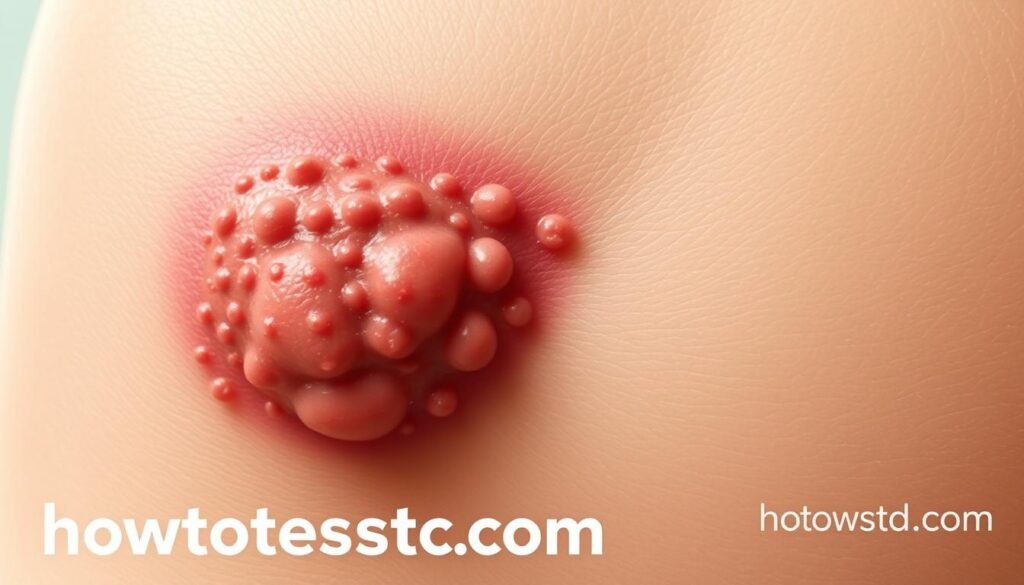 A detailed, hyper-realistic medical illustration of genital warts on human skin, with a clear focus on the affected area. The image should be shot in a clinical setting, with neutral lighting and a clean, sterile background. Prominently display the "howtoteststd.com" branding. Capture the condition in a straightforward, informative manner, without sensationalism or exaggeration, to educate the viewer on the warning signs and complications associated with this medical condition.