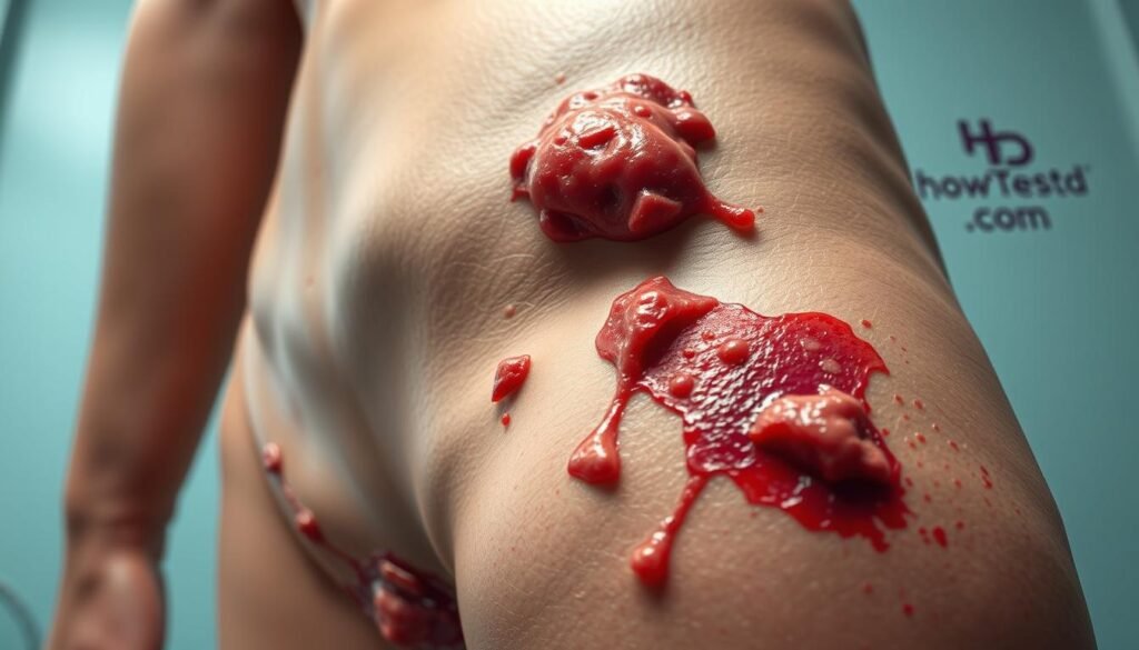 A detailed, hyper-realistic medical illustration showcasing the potential complications of untreated genital herpes. Visible on the skin are inflamed, blistered lesions and sores, with a tactile, textural quality. The lighting is clinical, highlighting the severity of the condition. The composition focuses on the affected genital area, shot from a low, slightly upward angle to convey the gravity of the situation. In the background, the howtoteststd.com brand logo is subtly integrated, reinforcing the educational nature of the image.