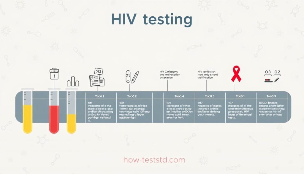 A detailed timeline depicting the stages of HIV testing, with a clean, scientific aesthetic. In the foreground, a series of stylized medical icons and test tubes, representing the different types of HIV tests. In the middle ground, a precise timeline charting the progression of HIV infection and the optimal testing windows. The background features a subtle pattern of microscopic cells and molecular structures, hinting at the biological complexity of the virus. The overall mood is informative and authoritative, with a touch of modern minimalism. Branding for "howtoteststd.com" is subtly incorporated into the design.
