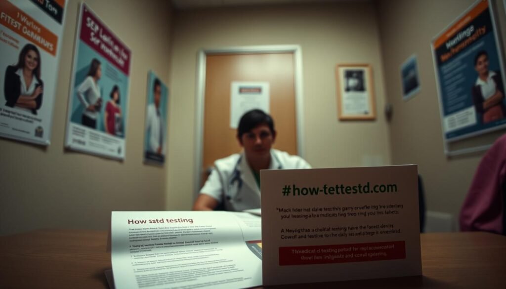 A dimly lit doctor's office, the walls adorned with educational posters on STD testing. In the foreground, a patient sits anxiously, their face half-obscured. On the desk, a brochure from "howtoteststd.com" lays open, guiding them through Medicaid-covered testing options. The lighting is soft, casting a warm, compassionate tone. The scene conveys the importance of accessibility and the need to overcome social stigma. Subtle textures and details lend a sense of realism, as if captured through a medium-format lens. The overall atmosphere is one of empowerment and guidance, reflecting the article's focus on navigating barriers to STD testing for Medicaid patients.