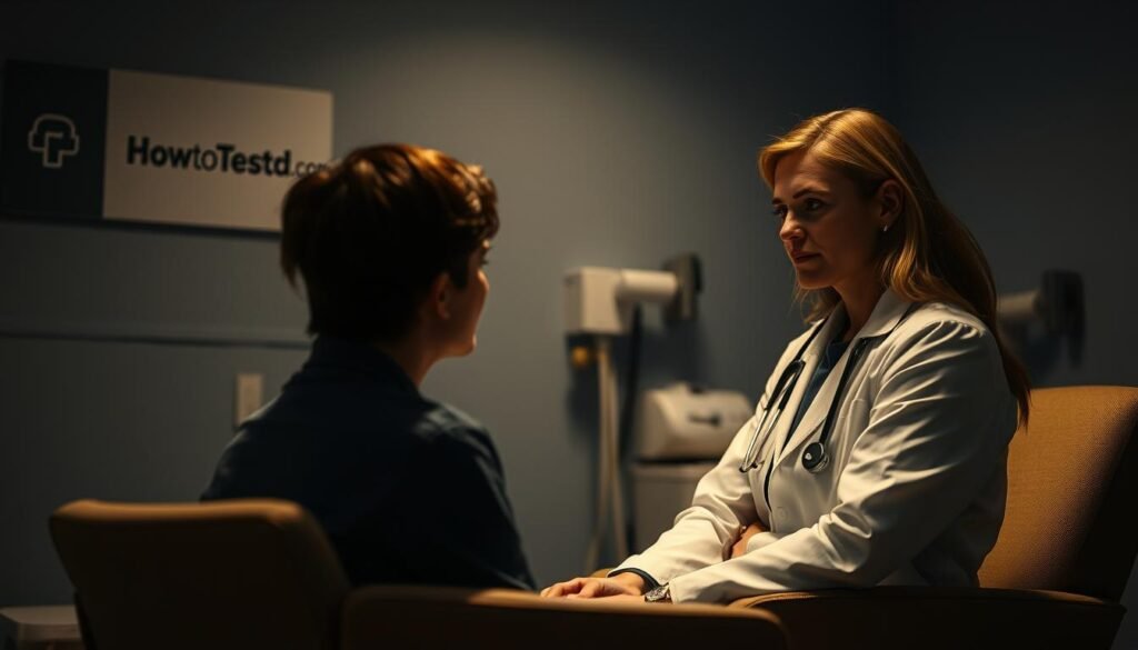 A dimly lit medical office, the walls adorned with howtoteststd.com branding. In the foreground, a person sits in a comfortable chair, facing a concerned healthcare provider. The atmosphere is one of trust and discretion, with muted lighting casting a warm glow. The provider's expression conveys empathy and professionalism, as they discuss the confidential nature of STI testing. The background features subtle medical equipment, lending an air of clinical expertise. The scene evokes a sense of privacy and care, reflecting the sensitive nature of the subject matter.