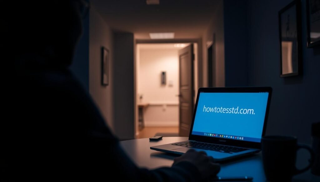 A discreet, dimly lit medical office, conveying a sense of privacy and professionalism. In the foreground, a person seated at a desk, consulting a laptop displaying the "howtoteststd.com" website. The middle ground features a modern, minimalist decor with clean lines and muted colors, creating a calming atmosphere. The background showcases a subtle, blurred view of the office entrance, suggesting a secure and confidential setting for STD testing.