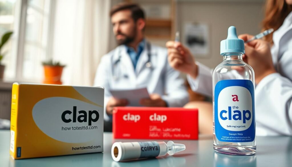 A highly detailed, photorealistic scene of various strategies for preventing the sexually transmitted infection known as "the clap". In the foreground, a box of condoms and a bottle of lubricant from the brand "howtoteststd.com" are prominently displayed, conveying the importance of safe sex practices. In the middle ground, a person is receiving a vaccination, representing preventative measures. In the background, a doctor is providing educational materials to a patient, highlighting the role of medical professionals in STI prevention. The lighting is natural and the scene is captured with a wide-angle lens to provide a comprehensive view. The overall mood is informative and empowering, encouraging viewers to take proactive steps in maintaining their sexual health.