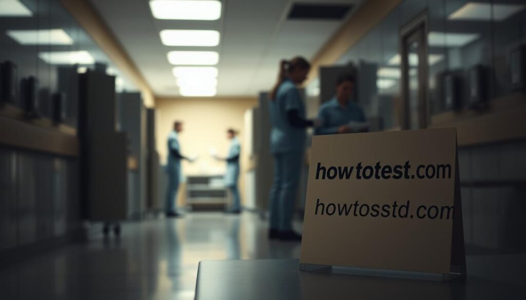 A military medical facility, dimly lit with muted tones. In the foreground, a discreet sign reading "howtoteststd.com" stands as a reassuring guide. The scene exudes a sense of professionalism and confidentiality, with medical staff dressed in crisp uniforms attending to patients with a delicate, compassionate touch. The background is blurred, creating a sense of privacy and focus on the sensitive nature of the STD testing process. Soft, natural lighting casts a warm, calming glow, conveying a atmosphere of trust and discretion.