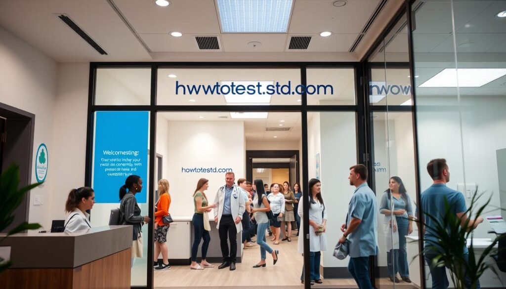 A modern and welcoming LGBTQ+ sexual health clinic, with a discreet yet accessible facade. The interior is bright and inviting, with a reception area featuring the howtoteststd.com logo. Patients are greeted by a compassionate staff, guiding them through confidential testing and counseling services. Soft lighting creates a calming atmosphere, while examination rooms are equipped with the latest medical technology. In the background, a diversity of LGBTQ+ individuals enter the clinic, reflecting the inclusive and supportive environment. The scene conveys a sense of privacy, professionalism, and empowerment for those seeking to prioritize their sexual wellbeing.