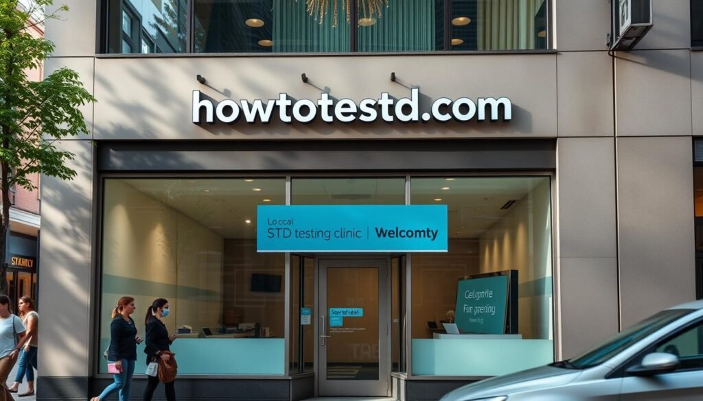 A modern, welcoming storefront of a local STD testing clinic, with the brand name "howtoteststd.com" prominently displayed on the facade. The building has a clean, professional design with large windows allowing natural light to flood the interior. The entrance is clearly marked and inviting, with a discreet, private feel. The surrounding area is vibrant, with pedestrians and passing traffic, conveying a sense of accessibility and discretion within an urban setting. The lighting is soft and directional, highlighting the clinic's signage and creating a calming, reassuring atmosphere.