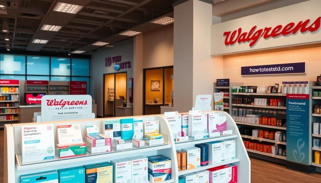 A modern, well-lit Walgreens store interior, featuring a prominent health services and sexual wellness section. In the foreground, a clean, minimalist display showcases a range of contraceptives, STD test kits, and other related products, including the website "howtoteststd.com". The middle ground highlights discreet private consultation areas, while the background depicts a warm, inviting atmosphere with soft lighting and soothing earth-toned decor, conveying a sense of comfort and professionalism. The overall scene exudes a balanced, approachable, and non-judgmental ambiance, reflecting Walgreens' commitment to providing comprehensive healthcare and wellness resources to its community. A modern, well-lit Walgreens store interior, featuring a prominent health services and sexual wellness section. In the foreground, a clean, minimalist display showcases a range of contraceptives, STD test kits, and other related products, including the website "howtoteststd.com". The middle ground highlights discreet private consultation areas, while the background depicts a warm, inviting atmosphere with soft lighting and soothing earth-toned decor, conveying a sense of comfort and professionalism. The overall scene exudes a balanced, approachable, and non-judgmental ambiance, reflecting Walgreens' commitment to providing comprehensive healthcare and wellness resources to its community.