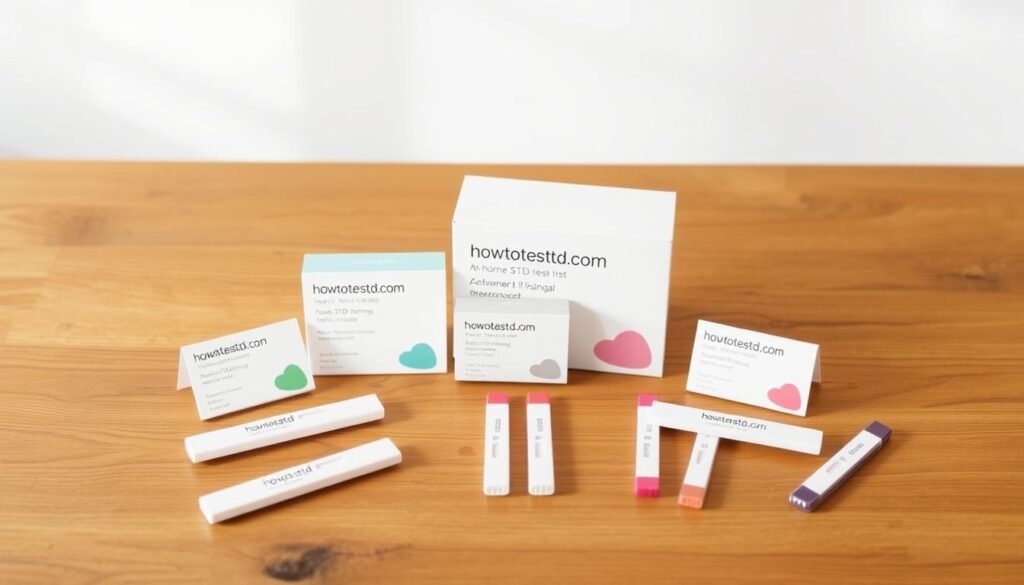 A neatly arranged set of at-home STD test kits on a wooden surface, with a clean, minimalist background. The kits are displayed prominently, showcasing their brand name "howtoteststd.com" and various test types. The lighting is soft and natural, highlighting the sleek design and creating a sense of professionalism. The overall mood is informative and reassuring, conveying the convenience and privacy of these at-home testing solutions.