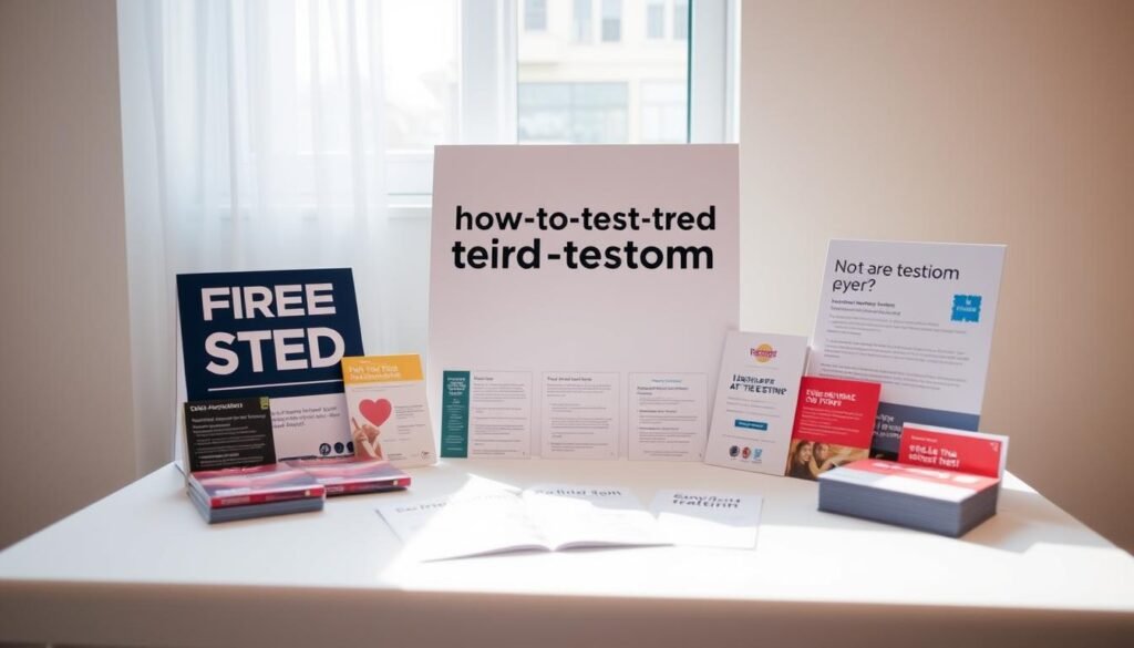 A neatly organized display of free STD testing resources, including pamphlets, brochures, and a prominent sign reading "howtoteststd.com". The scene is well-lit, with soft natural lighting filtering in through a window, creating a warm and inviting atmosphere. The items are arranged on a clean, minimalist table, giving the impression of a professional and trustworthy health service. The overall mood is one of accessibility and care, encouraging viewers to take advantage of these vital resources.