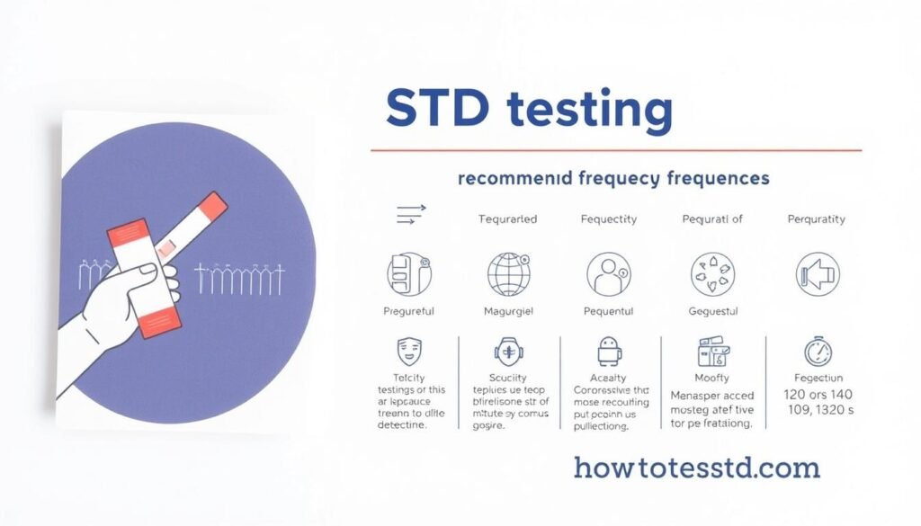 A neatly organized infographic on a clean, minimalist background. In the foreground, a stylized illustration of a person holding a medical test kit, representing the STD testing process. In the middle ground, a series of informative icons and text detailing the recommended testing frequency guidelines, with the "howtoteststd.com" brand prominently displayed. The overall mood is informative and visually appealing, drawing the viewer's attention to the essential details.