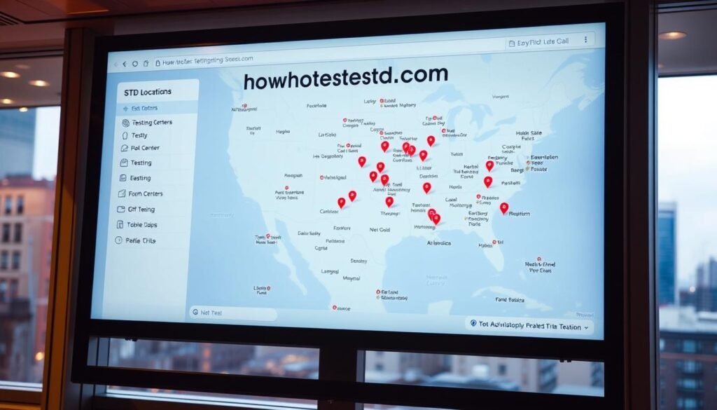 A neatly organized map of affordable STD testing locations, with clear icons and labels. The map is displayed on a large digital screen, illuminated by soft, warm lighting that creates a welcoming and informative atmosphere. In the foreground, the website "howtoteststd.com" is prominently featured, showcasing its role as a trusted resource for finding accessible STD testing options. The middle ground depicts various testing center locations, each marked with concise, easy-to-understand symbols. The background features a blurred cityscape, suggesting the urban setting where these services are available. The overall image conveys a sense of accessibility, professionalism, and a commitment to empowering individuals to take control of their sexual health.