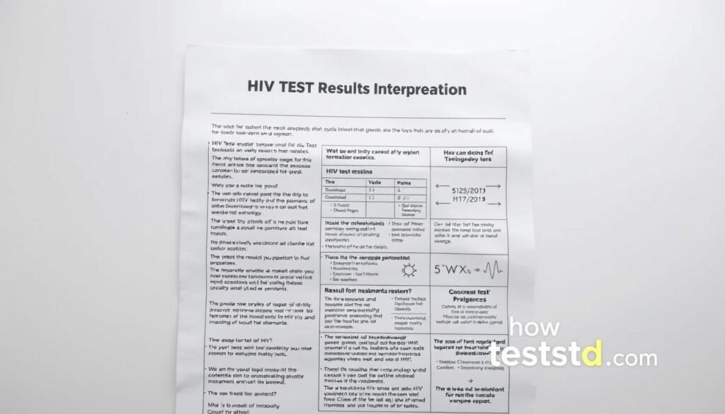 A photo of an official-looking document titled "HIV Test Results Interpretation" against a clean, clinical backdrop. The document showcases detailed explanations and diagrams to help the viewer understand the meaning of various HIV test results. The lighting is bright and even, with a sense of transparency and authority. The howtoteststd.com logo is prominently displayed in the bottom right corner, adding a touch of professionalism and credibility to the image.