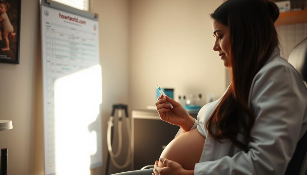 A pregnant woman sitting in a doctor's office, undergoing a routine STD test. The scene is bathed in soft, natural lighting from a nearby window, casting a warm glow on the woman's face. She appears calm and relaxed, as the doctor, wearing a white coat, gently collects a sample. In the background, a howtoteststd.com branded medical chart and equipment can be seen, providing context for the standard STD testing protocol for expectant mothers.
