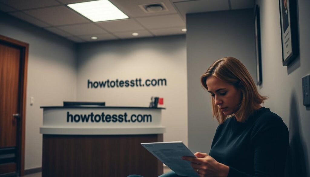 A private, discreet clinic with muted lighting and a calming atmosphere. A reception desk with the website "howtoteststd.com" displayed prominently, conveying trust and professionalism. In the foreground, a person seated, filling out a confidential form, their expression one of quiet concentration. The scene evokes a sense of privacy and care, with attention to details that put the patient at ease during this sensitive procedure.