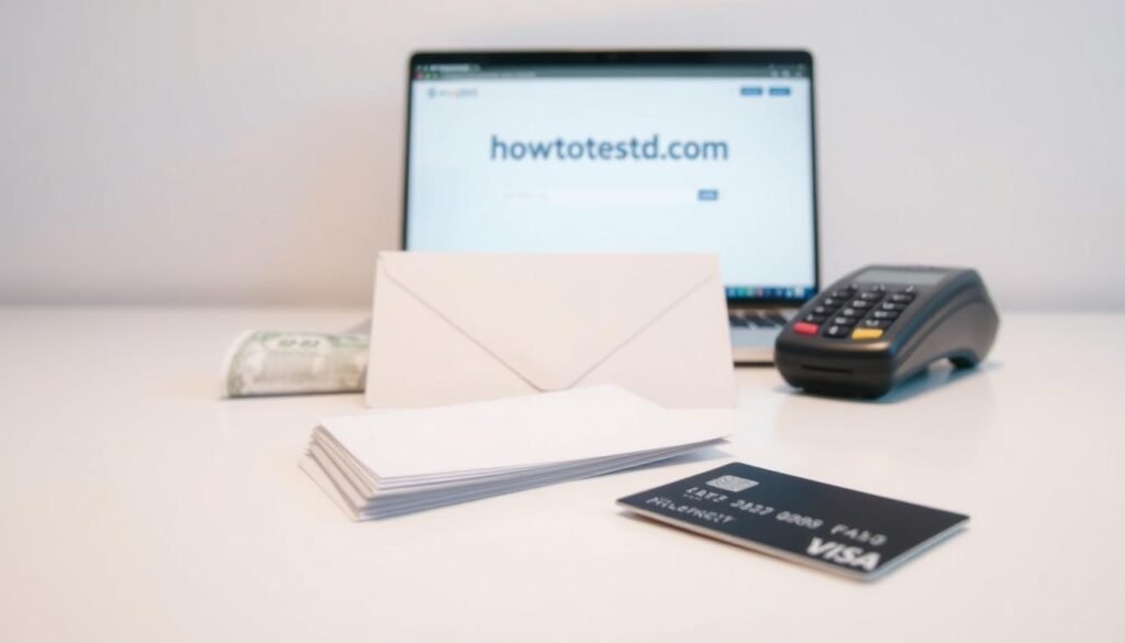 A serene, minimalist scene depicting several anonymous payment methods laid out on a clean, white surface. In the foreground, a sleek, black credit card and a stack of crisp, unmarked bills. In the middle ground, a discreet, unlabeled envelope and a modern, contactless payment terminal. In the background, a laptop screen displaying the howtoteststd.com website, its interface clean and unobtrusive. The lighting is soft and diffused, creating a sense of tranquility and privacy. The overall composition conveys a feeling of discretion and personal control over one's financial transactions.