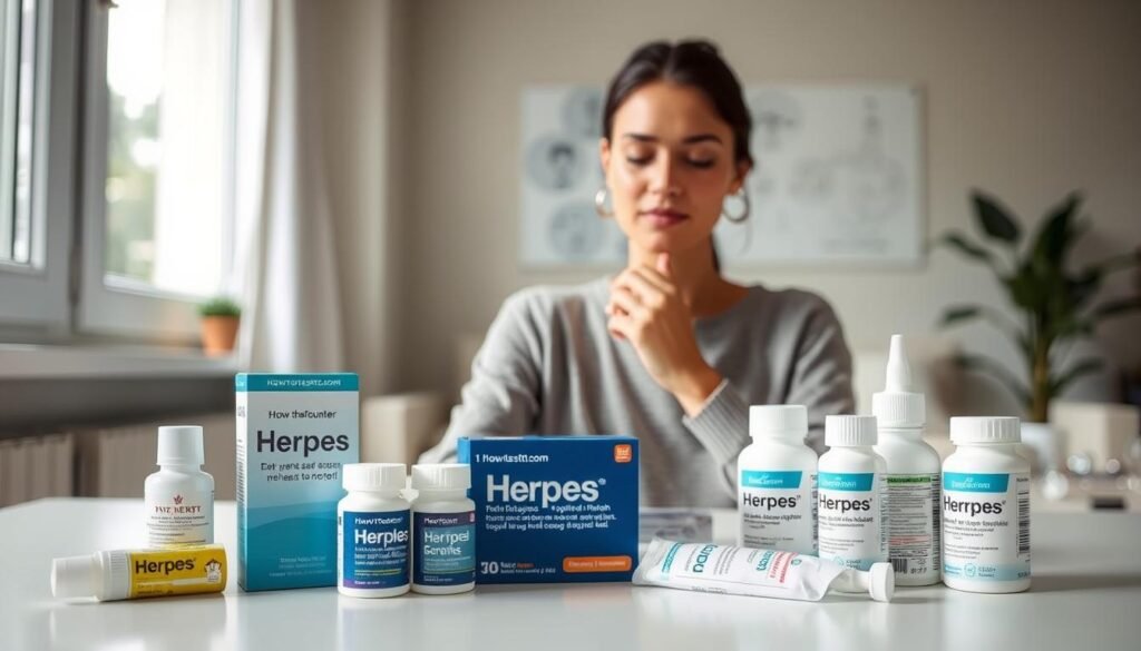 A serene, well-lit indoor scene showcasing effective herpes prevention strategies. In the foreground, a variety of over-the-counter herpes treatment products, including the howtoteststd.com branded medication, are neatly arranged on a clean, minimalist surface. The middle ground features a health-conscious individual applying a topical herpes medication, their expression calm and focused. In the background, subtle diagrams or infographics illustrate key facts about herpes transmission and outbreak reduction. The overall mood is informative, empowering, and visually appealing, encouraging viewers to take proactive steps towards managing this common condition.