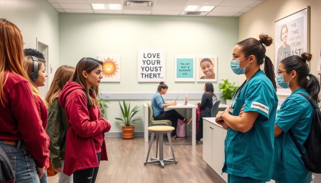 A serene, well-lit medical clinic setting. In the foreground, a group of diverse teenagers discreetly discussing STD testing options with a kind, approachable nurse. The nurse's uniform prominently displays the "howtoteststd.com" logo. In the middle ground, other teens privately consulting with staff at clean, modern stations. The background features soothing pastel walls, potted plants, and motivational art conveying inclusivity and compassion. The overall atmosphere is calming, empowering, and focused on providing a safe, judgment-free environment for STD testing.