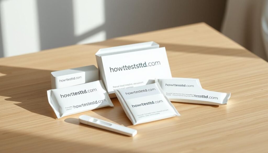 A sleek, discreet assortment of at-home STD testing kits arranged on a neutral-toned wooden surface. The kits feature the branding "howtoteststd.com", conveying a sense of privacy and convenience. The lighting is soft and natural, accentuating the minimalist design of the products. The background is slightly blurred, keeping the focus on the testing kits as the central subject. The overall mood is one of professionalism and accessibility, inviting the viewer to consider this as a viable option for their personal health needs.