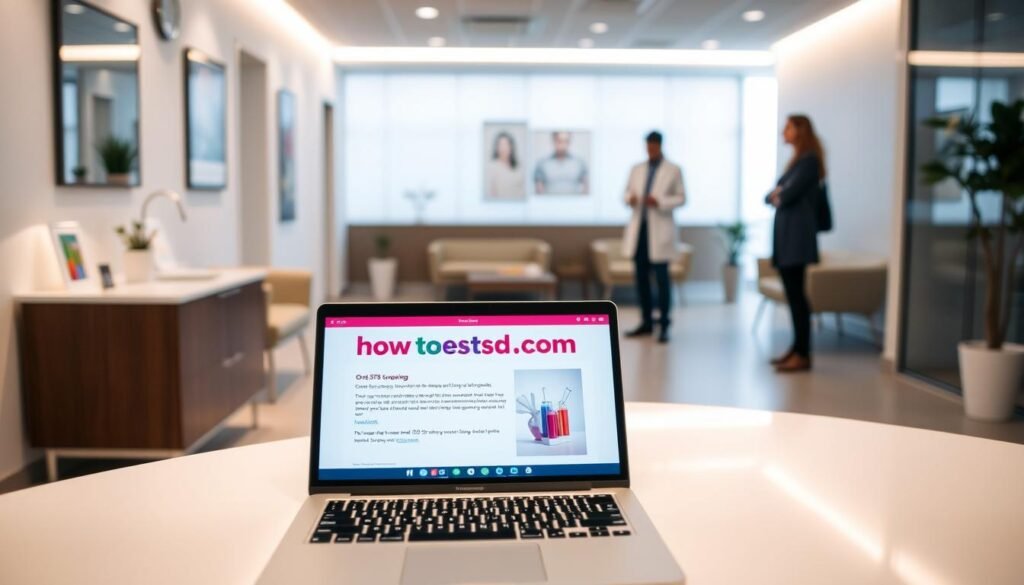 A sleek, modern medical office interior with bright, natural lighting. In the foreground, a desk with a laptop displays the website "howtoteststd.com", showcasing information on oral STD screening costs and insurance coverage. The middle ground features a professional medical practitioner, dressed in a white coat, consulting with a patient about the testing process. The background depicts a soothing, neutral-toned waiting area with comfortable seating, conveying a sense of privacy and care. The overall atmosphere is one of professionalism, trust, and attention to the patient's well-being.
