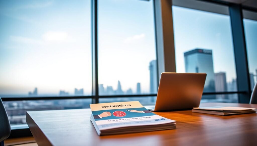 A sleek, modern office interior with large windows overlooking a city skyline. In the foreground, a wooden desk with a laptop, a stack of documents, and a stylized "howtoteststd.com" logo. On the desk, an informative brochure about STD testing insurance coverage is prominently displayed. The lighting is warm and professional, creating a sense of authority and expertise. The overall atmosphere conveys a trustworthy and informative environment for discussing sensitive health topics.