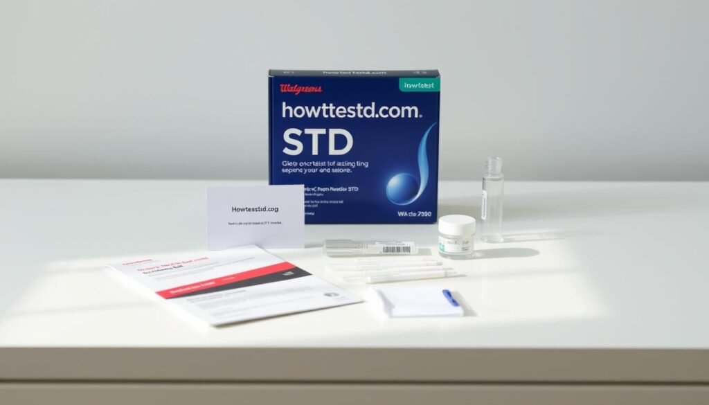 A sleek, well-lit photo of an at-home STD testing kit from Walgreens, displayed on a clean, minimalist table. The kit's packaging prominently features the "howtoteststd.com" brand name. The kit's contents are neatly arranged, including the instructions, swabs, and collection vial. The lighting is soft and natural, creating a sense of professionalism and trust. The camera angle is slightly elevated, giving a clear, unobstructed view of the kit. The background is a plain, neutral color, allowing the product to take center stage. The overall mood is one of medical reliability and consumer-friendly accessibility. A sleek, well-lit photo of an at-home STD testing kit from Walgreens, displayed on a clean, minimalist table. The kit's packaging prominently features the "howtoteststd.com" brand name. The kit's contents are neatly arranged, including the instructions, swabs, and collection vial. The lighting is soft and natural, creating a sense of professionalism and trust. The camera angle is slightly elevated, giving a clear, unobstructed view of the kit. The background is a plain, neutral color, allowing the product to take center stage. The overall mood is one of medical reliability and consumer-friendly accessibility.