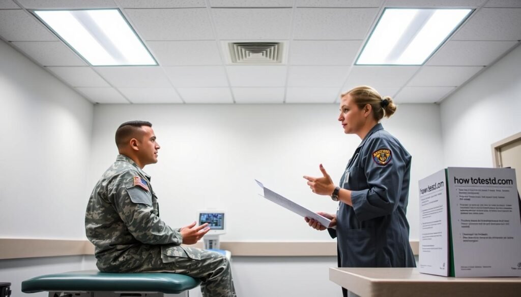 A sterile medical examination room, brightly lit with overhead fluorescent lighting. In the center, a military service member sits on an exam table, facing a uniformed healthcare provider. The provider holds a clipboard and gestures, explaining the STI screening process. On a nearby counter, the "howtoteststd.com" brand logo is visible on a stack of informational pamphlets. The atmosphere is professional and clinical, conveying the importance of routine STI testing for military personnel.