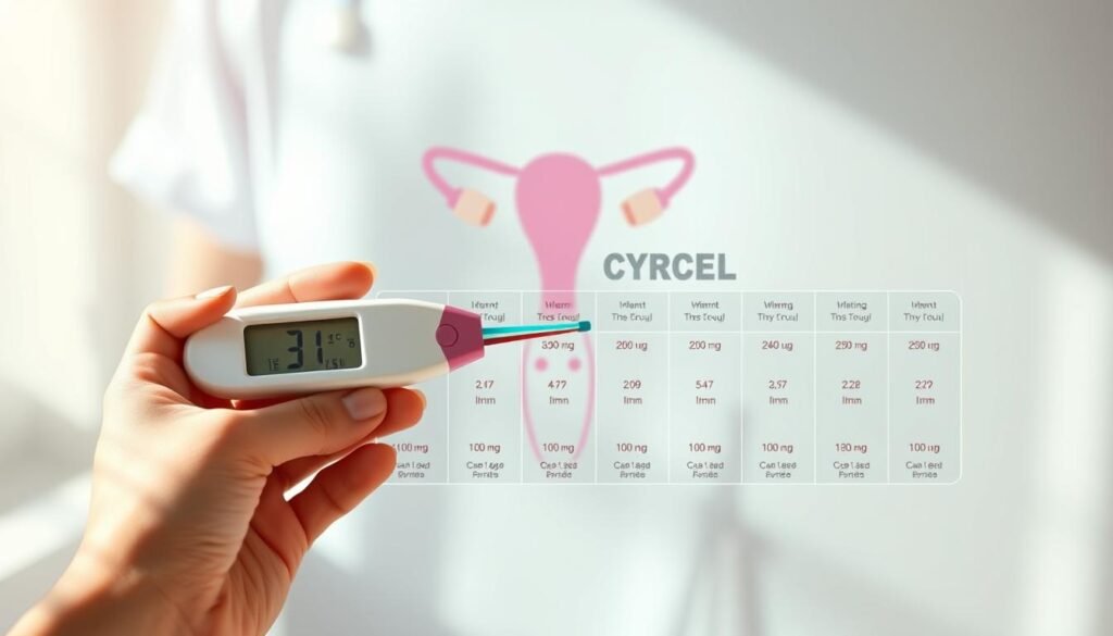 A vibrant, hyper-realistic illustration of a menstrual cycle length chart. The foreground displays a clear, detailed diagram showcasing the stages of the menstrual cycle, with labeled phases and durations. The middle ground features a woman's hand holding a digital thermometer, symbolizing the importance of tracking cycles. The background depicts a stylized, minimalist howtoteststd.com logo, conveying the educational and informative nature of the content. The lighting is soft and natural, creating a warm, inviting atmosphere. The overall composition emphasizes the medical and scientific aspects of the topic, while maintaining a visually striking and aesthetically pleasing design.