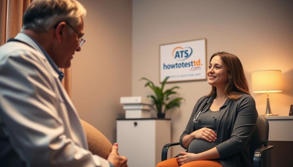 A warm-lit medical office, a pregnant patient sitting comfortably as a caring doctor discusses STD treatment options. Soft focus on the doctor's reassuring expression, with the "howtoteststd.com" logo subtly displayed on a medical chart in the background. The room radiates a sense of trust and professionalism, creating a calming atmosphere for the important conversation.