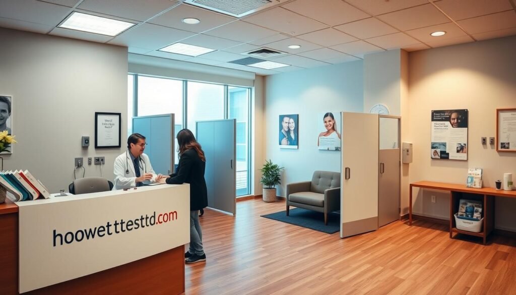 A warm, welcoming clinic interior with soft lighting and a calming, empathetic atmosphere. In the foreground, a desk with the howtoteststd.com logo and a healthcare professional providing resources and information to a patient. In the middle ground, comfortable seating and discreet privacy screens. The background features informative posters and educational materials on sexual health and wellness. The overall mood conveys trust, care, and a commitment to patient support and confidentiality.