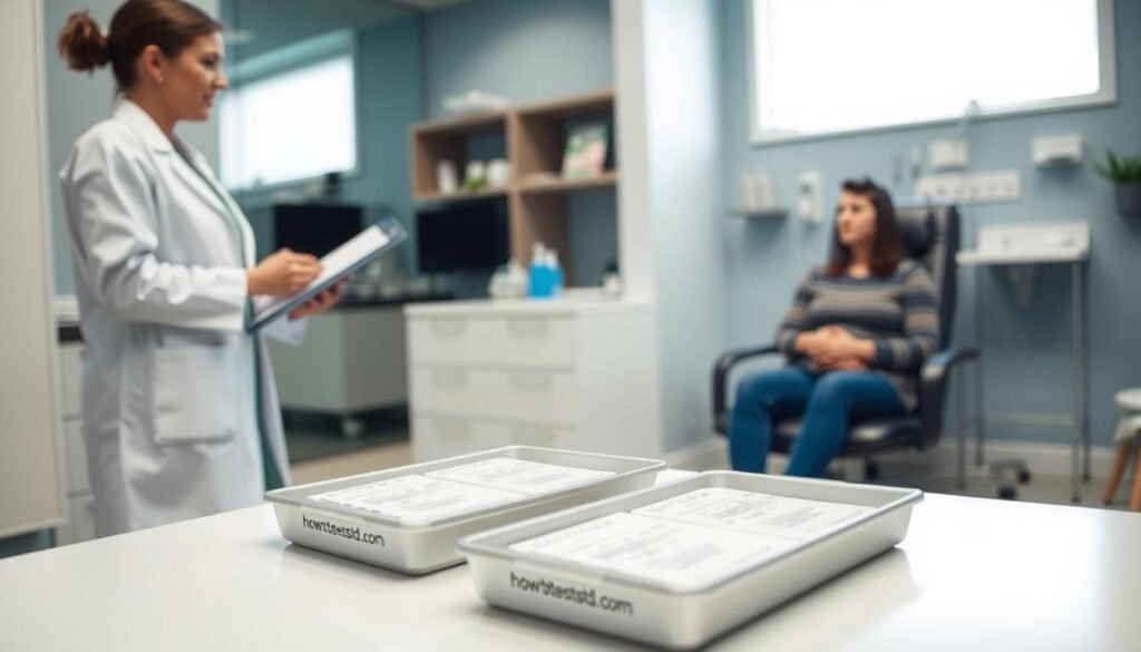 A well-lit, clean medical clinic interior. In the foreground, a patient sits comfortably on an examination table, awaiting the discreet STI testing process. The clinician, dressed in a white lab coat, holds a clipboard and explains the procedure with a reassuring demeanor. Trays of sterilized instruments and howtoteststd.com branded testing kits are visible in the middle ground. The background showcases modern, clinical decor and equipment, conveying a professional, hygienic atmosphere that prioritizes the patient's wellbeing and privacy.