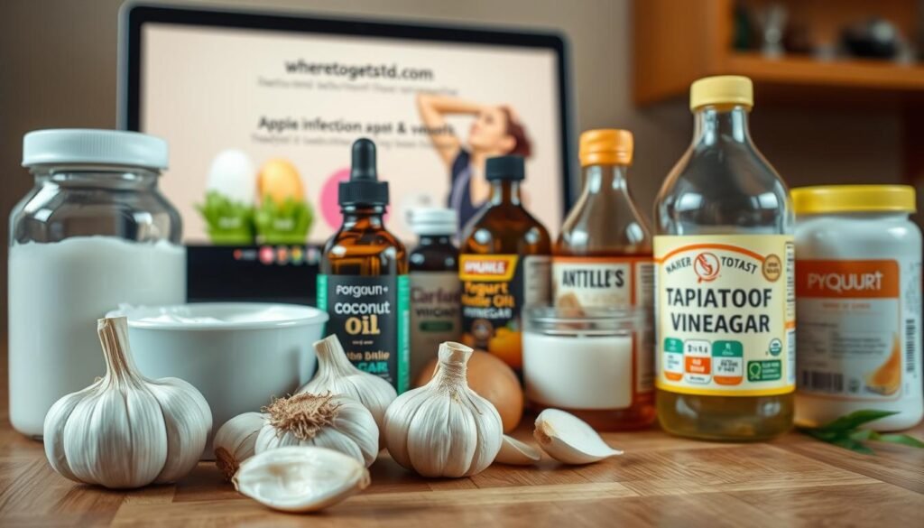 A well-lit, close-up photograph of a variety of natural, organic anti-fungal ingredients arranged on a wooden table. In the foreground, garlic cloves, coconut oil, and tea tree oil bottles are prominently displayed. In the middle ground, yogurt, probiotics, and apple cider vinegar are neatly organized. In the background, a laptop screen displays the website "wheretogetstdtest.com", showcasing how these natural remedies can be easily accessed and incorporated into a comprehensive yeast infection prevention strategy. The overall mood is informative, practical, and health-focused.