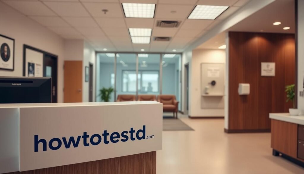 A well-lit medical clinic interior, with a sleek and modern design. In the foreground, a prominently displayed "howtoteststd.com" logo on the reception desk, conveying a sense of professional and trustworthy STD testing services. The middle ground features a seating area with comfortable chairs, creating a welcoming atmosphere. The background showcases exam rooms with discreet signage, suggesting the availability of private and confidential testing. The lighting is warm and inviting, with a calming color palette that promotes a sense of ease and reassurance. The overall scene conveys a clean, efficient, and approachable medical setting dedicated to STD testing and resources.